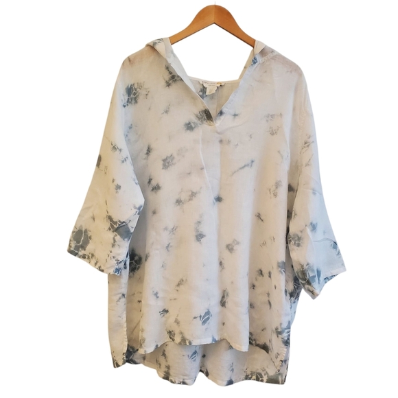 C & C California Linen Hoodie Blouse Womens 2X Tie Dye White Gray Tunic. - Picture 1 of 10